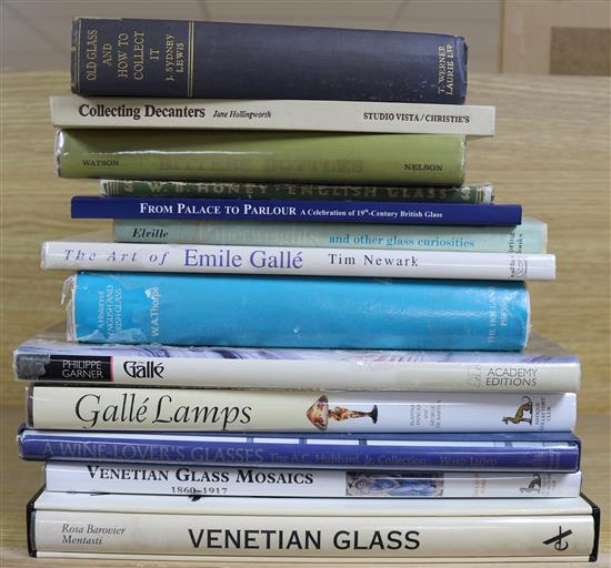 A quantity of reference books relating to glass including Gallé, Venetian glass, paperweights, Irish glass etc.